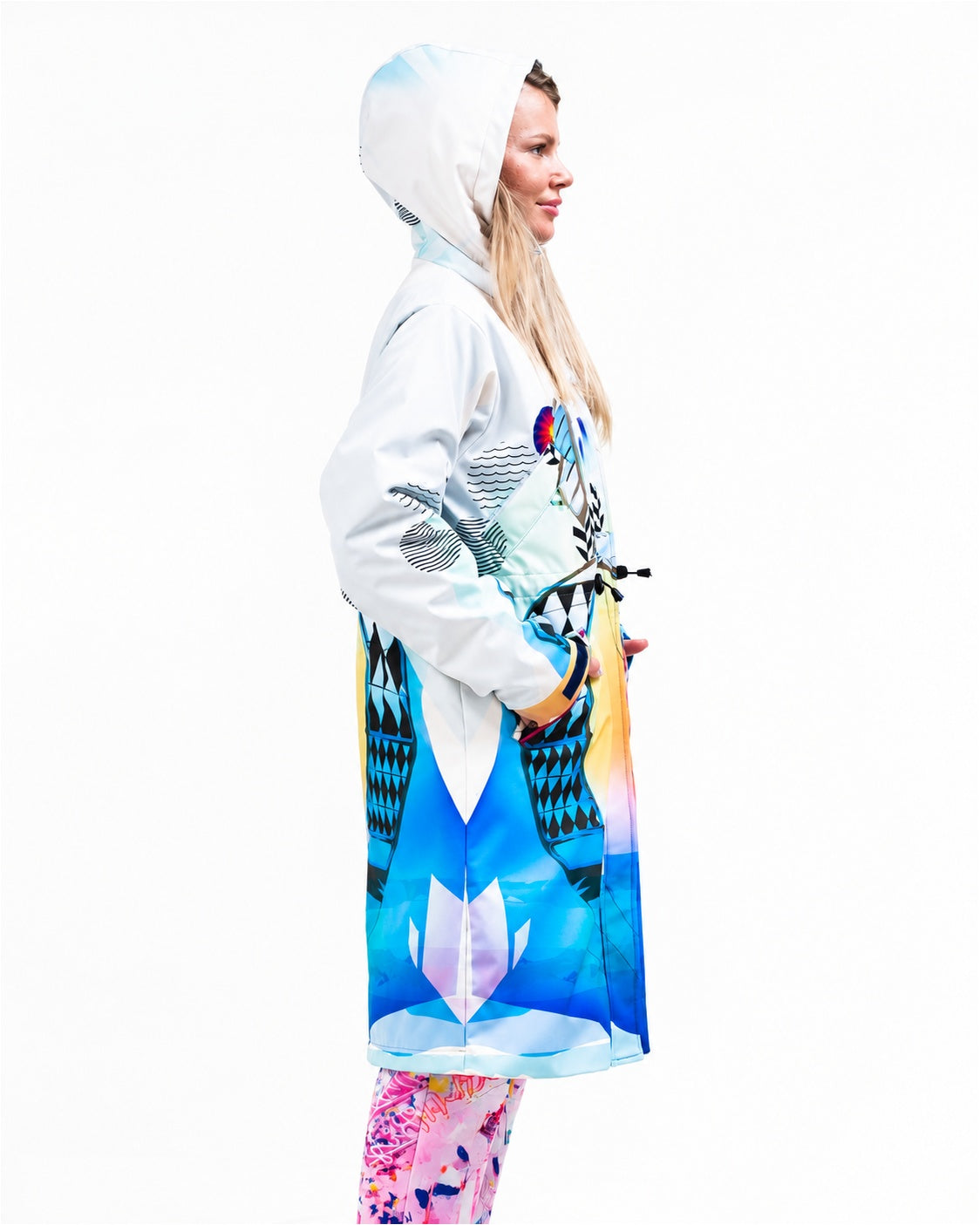 Hood up – side view of MoveAddict Kite print women's winter parka, photo 2