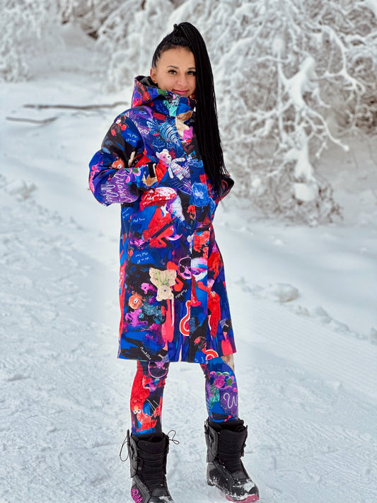 Women`s softshell parka / coat in colorful purple print