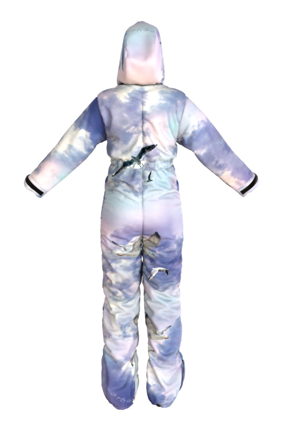 Women`s winter ski / snowboard suit in light colors with a bird print / Snowsuit