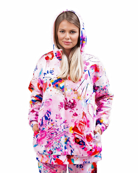 Sieviešu oversized hūdijs ar oriģinālu māksliniecisku apdruku – Pink Dream