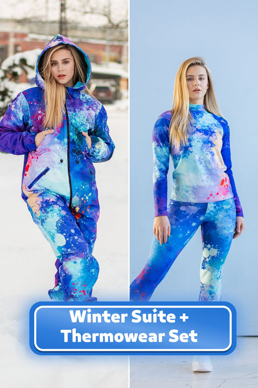 SET: Blauer Winter-Ski-Overall, Snowboard-Kleidung, Snowboard-Anzug, Ski-Overall, Damen-Bergbekleidung, Winter-Thermo-Unterwäsche