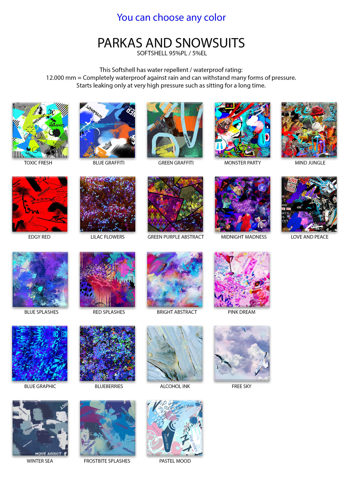 Print chart – all MoveAddict softshell prints available for snowsuits and parkas