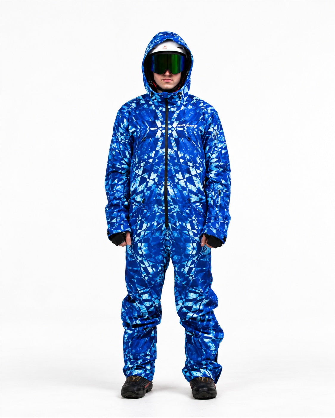 Man wearing MoveAddict Blue Graphic print one-piece snowboard and ski suit – front view, studio photo