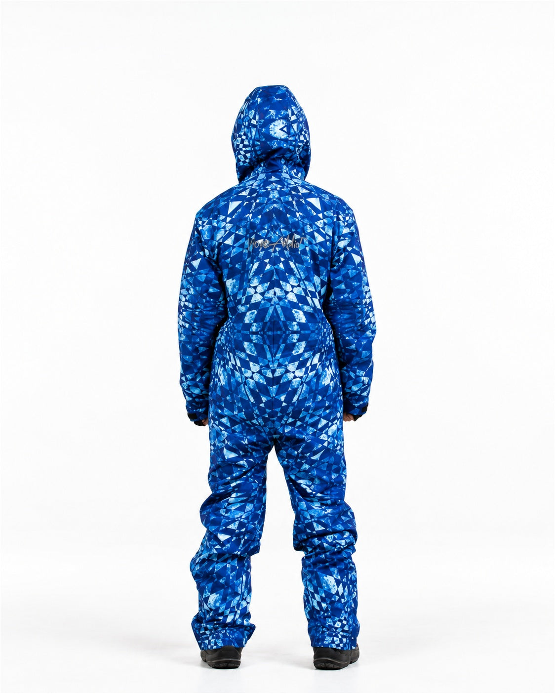 Man wearing MoveAddict Blue Graphic print one-piece snowboard and ski suit – back view, studio photo