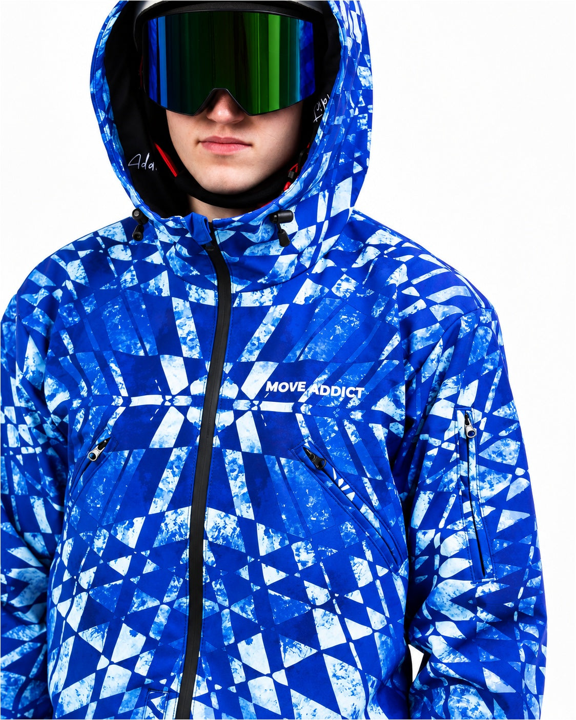 Chest with MoveAddict logo on Blue Graphic print men's snowsuit – close-up
