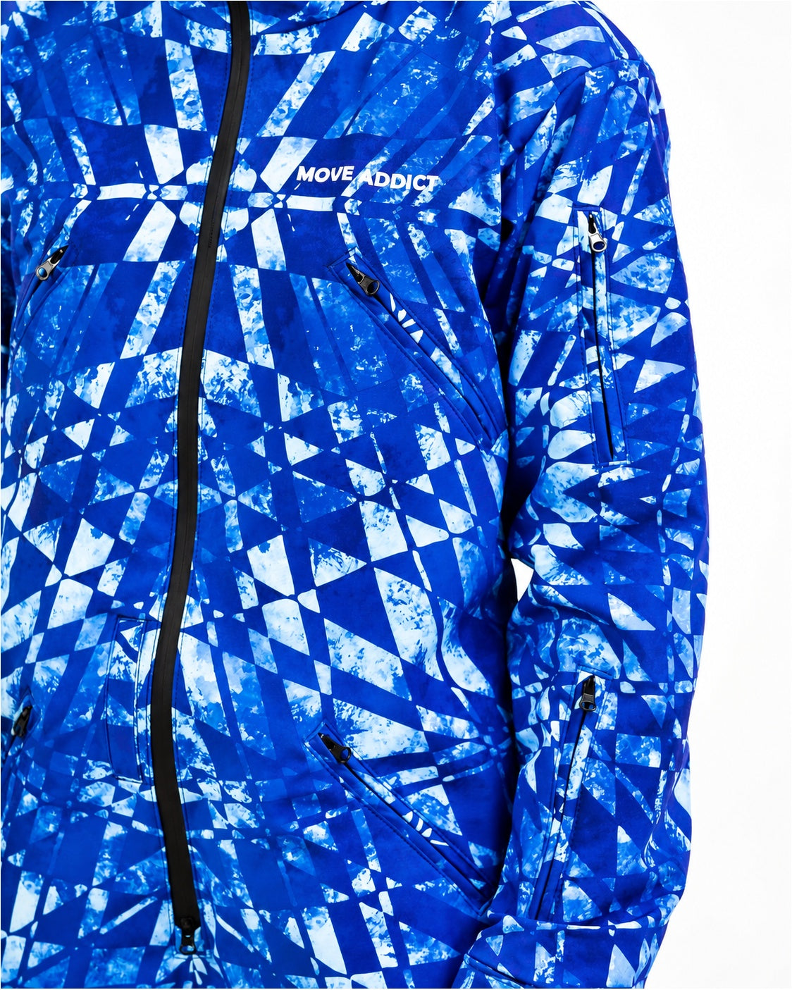 Front zip and pocket detail on MoveAddict Blue Graphic print men's snowsuit