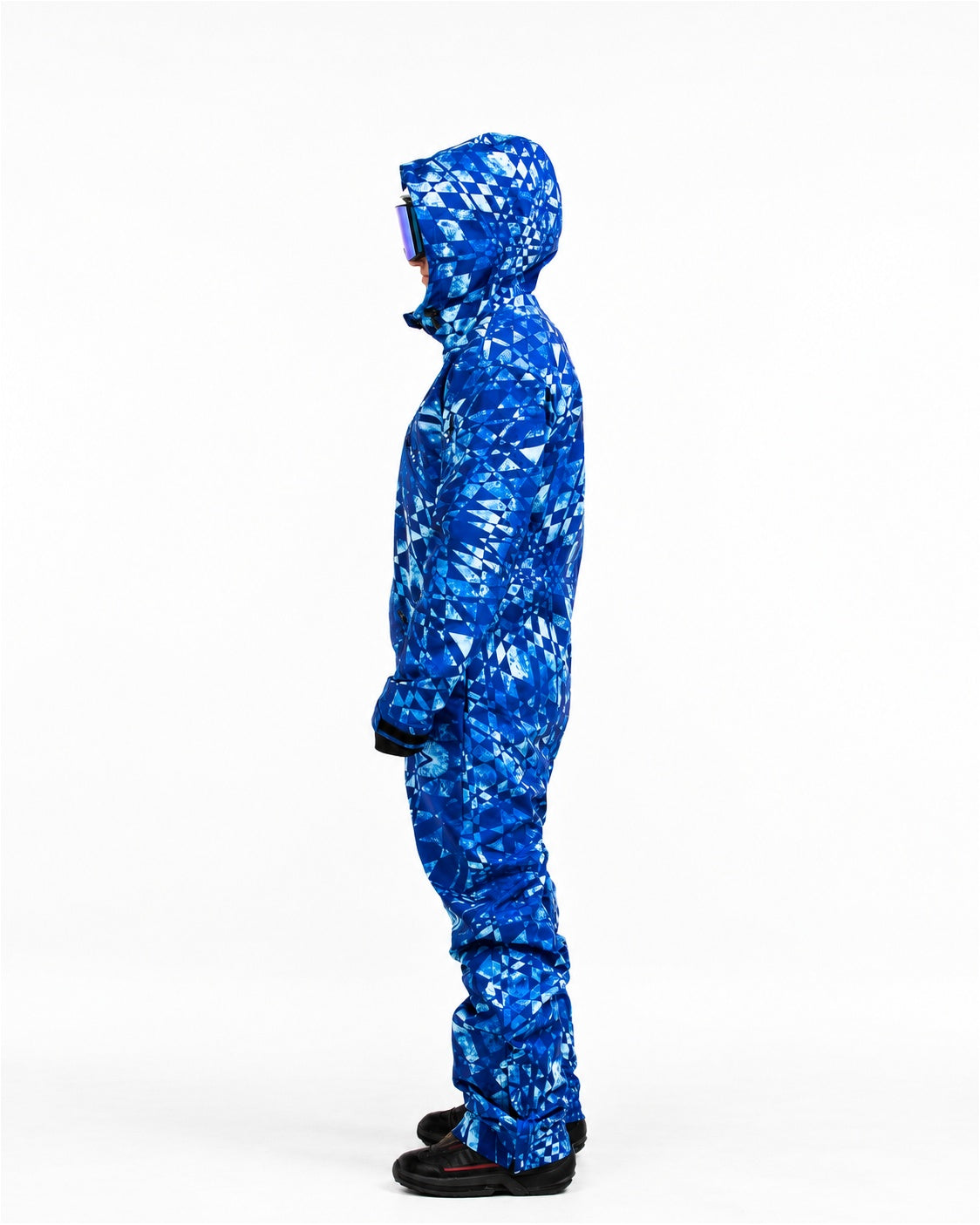 Man wearing MoveAddict Blue Graphic print one-piece snowboard and ski suit – side view