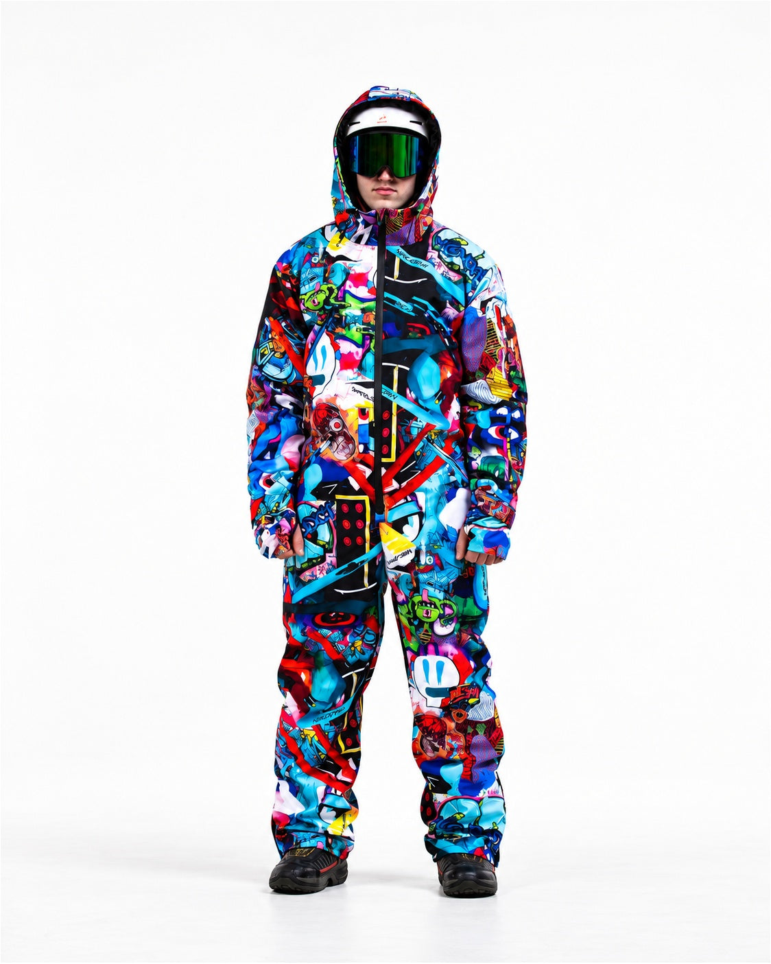 Man wearing MoveAddict Monster Party print one-piece snowboard and ski suit – front view, studio photo