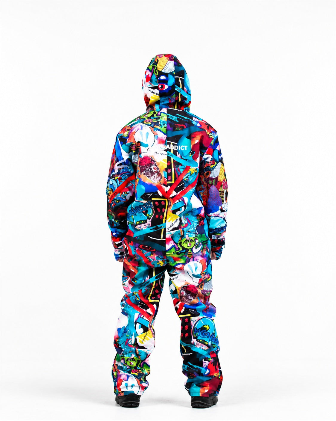 Man wearing MoveAddict Monster Party print one-piece snowboard and ski suit – back view, studio photo