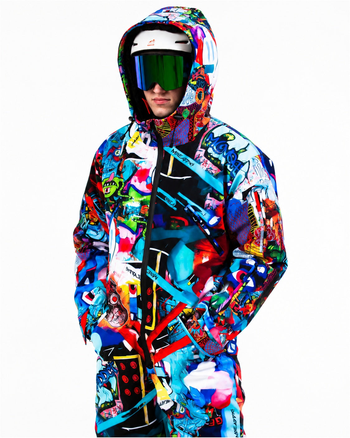 Man wearing MoveAddict Monster Party print one-piece snowboard and ski suit – upper body front view