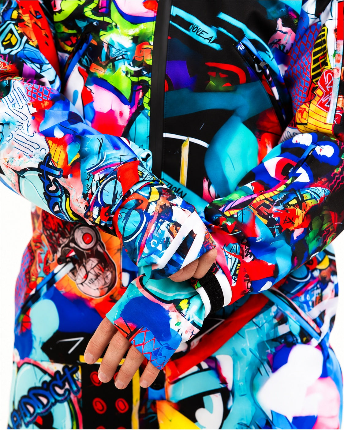 Sleeve pockets detail on MoveAddict Monster Party print men's snowsuit