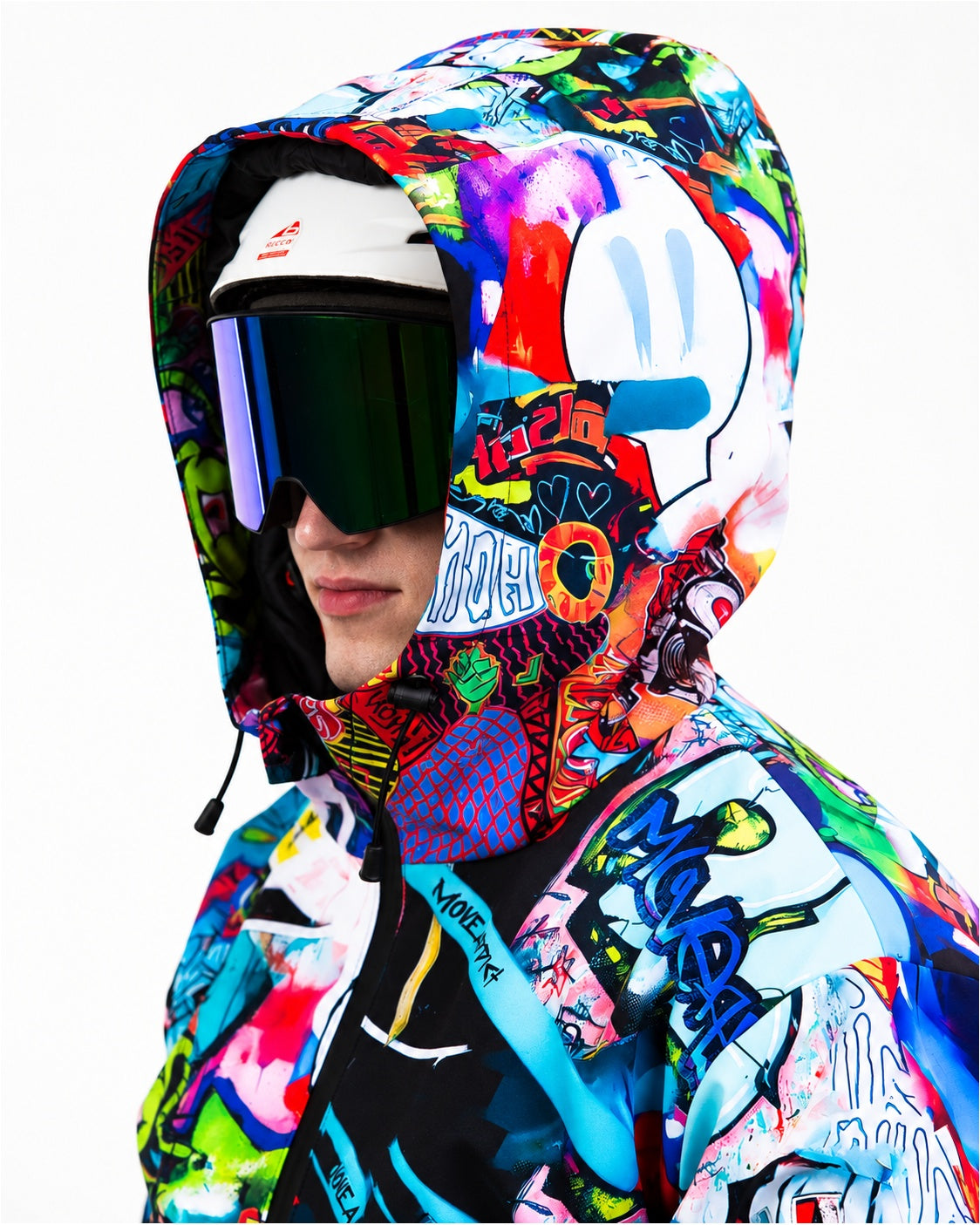 Helmet-compatible hood on MoveAddict Monster Party print men's snowsuit