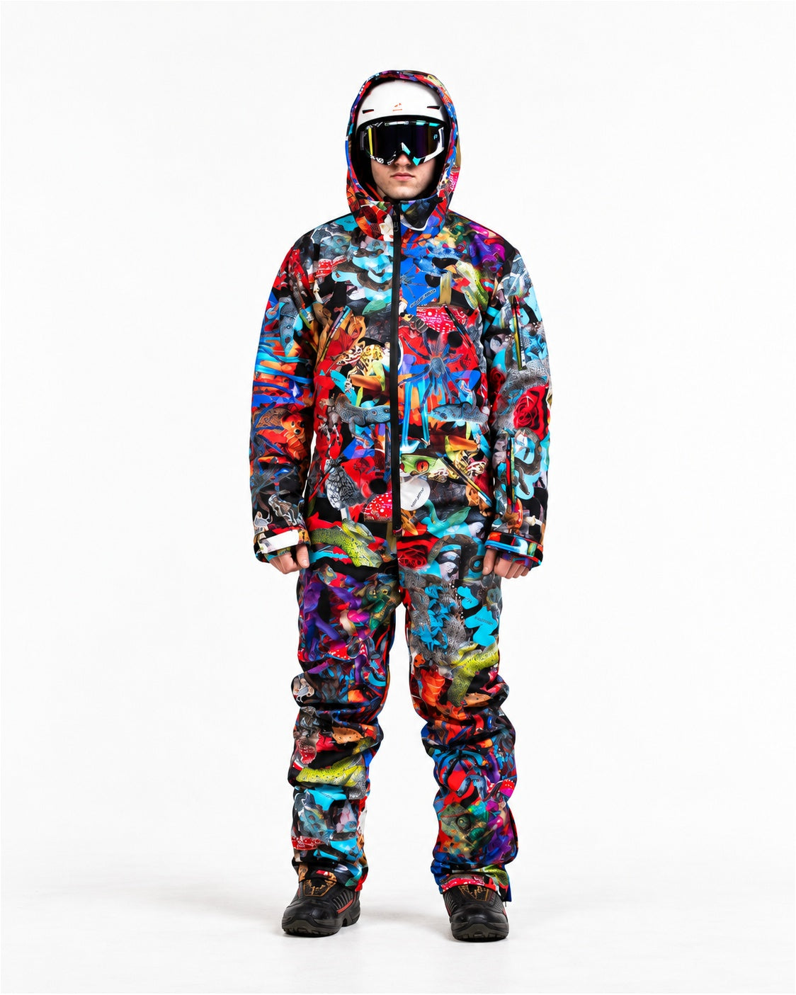 Man wearing MoveAddict Mind Jungle print one-piece snowboard and ski suit – front view, studio photo