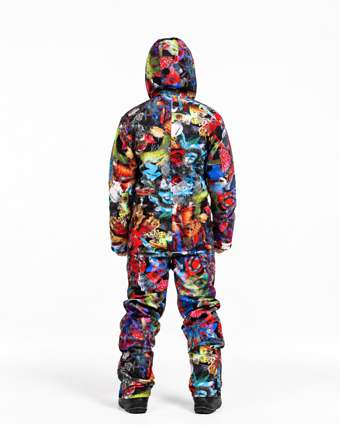 Man wearing MoveAddict Mind Jungle print one-piece snowboard and ski suit – back view, studio photo