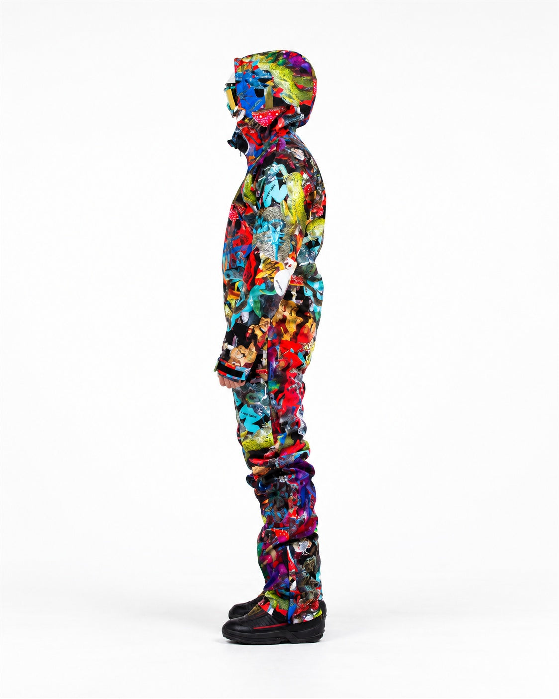 Man wearing MoveAddict Mind Jungle print one-piece snowboard and ski suit – side view