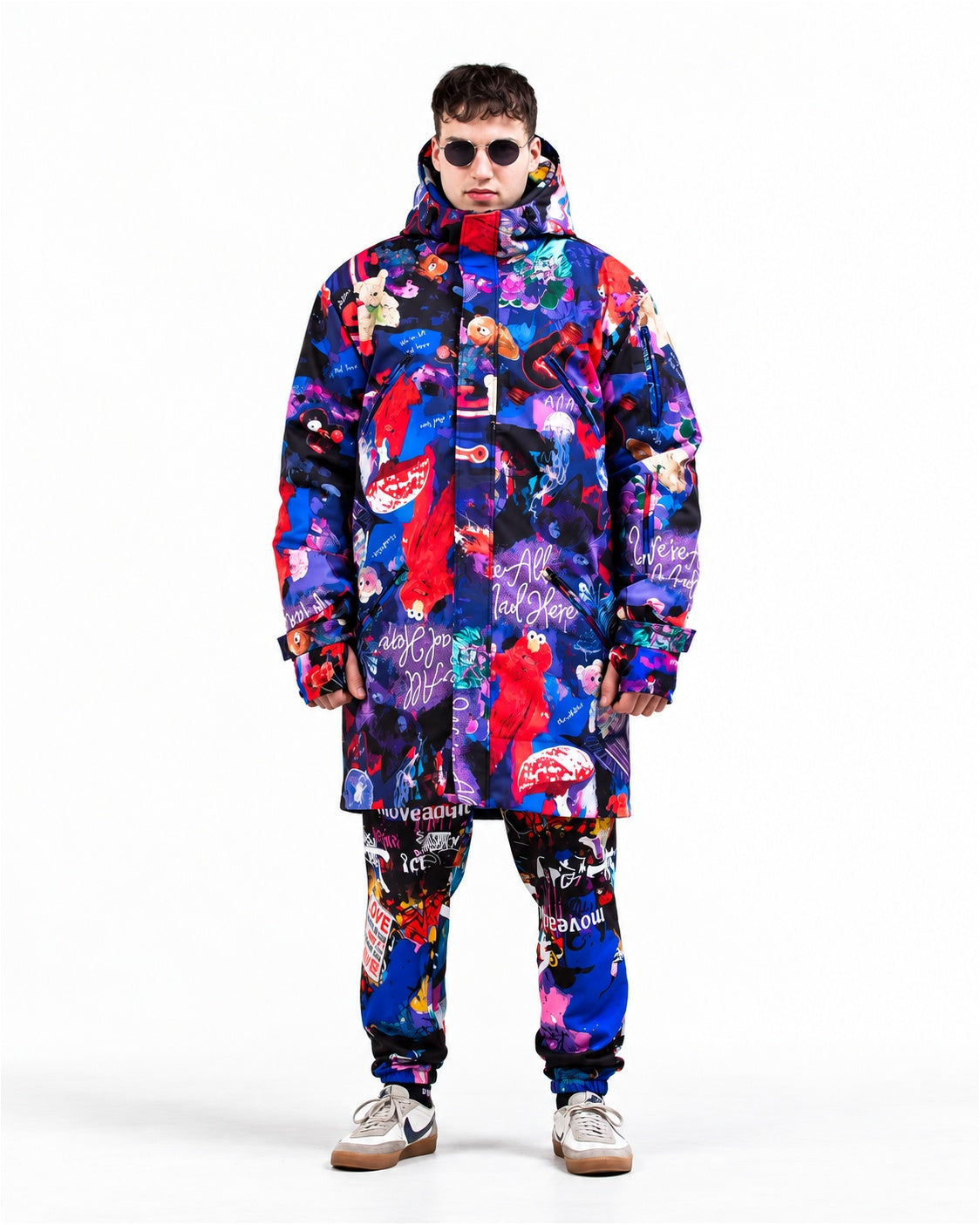 Man wearing MoveAddict Midnight Madness print winter parka – front view