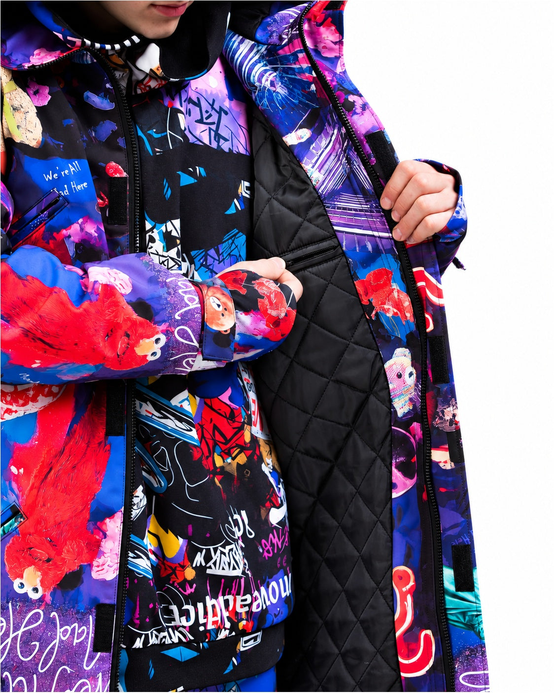 Warm quilted lining inside MoveAddict Midnight Madness print men's winter parka