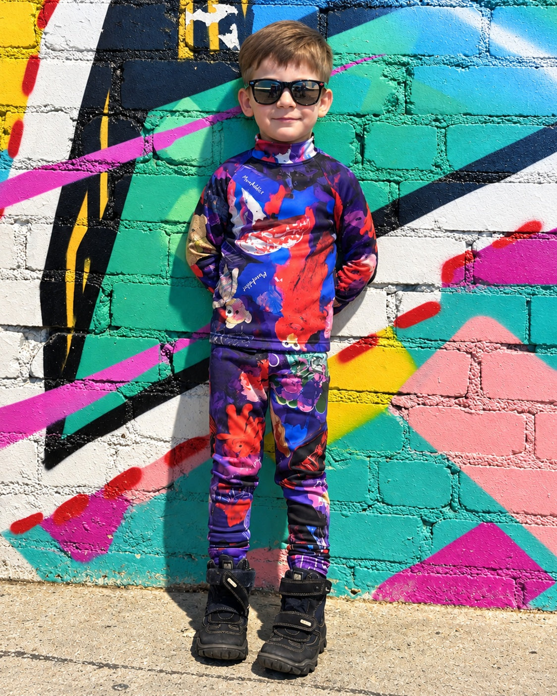 Child wearing MoveAddict Midnight Madness print kids' thermal top - full outfit with the matching set