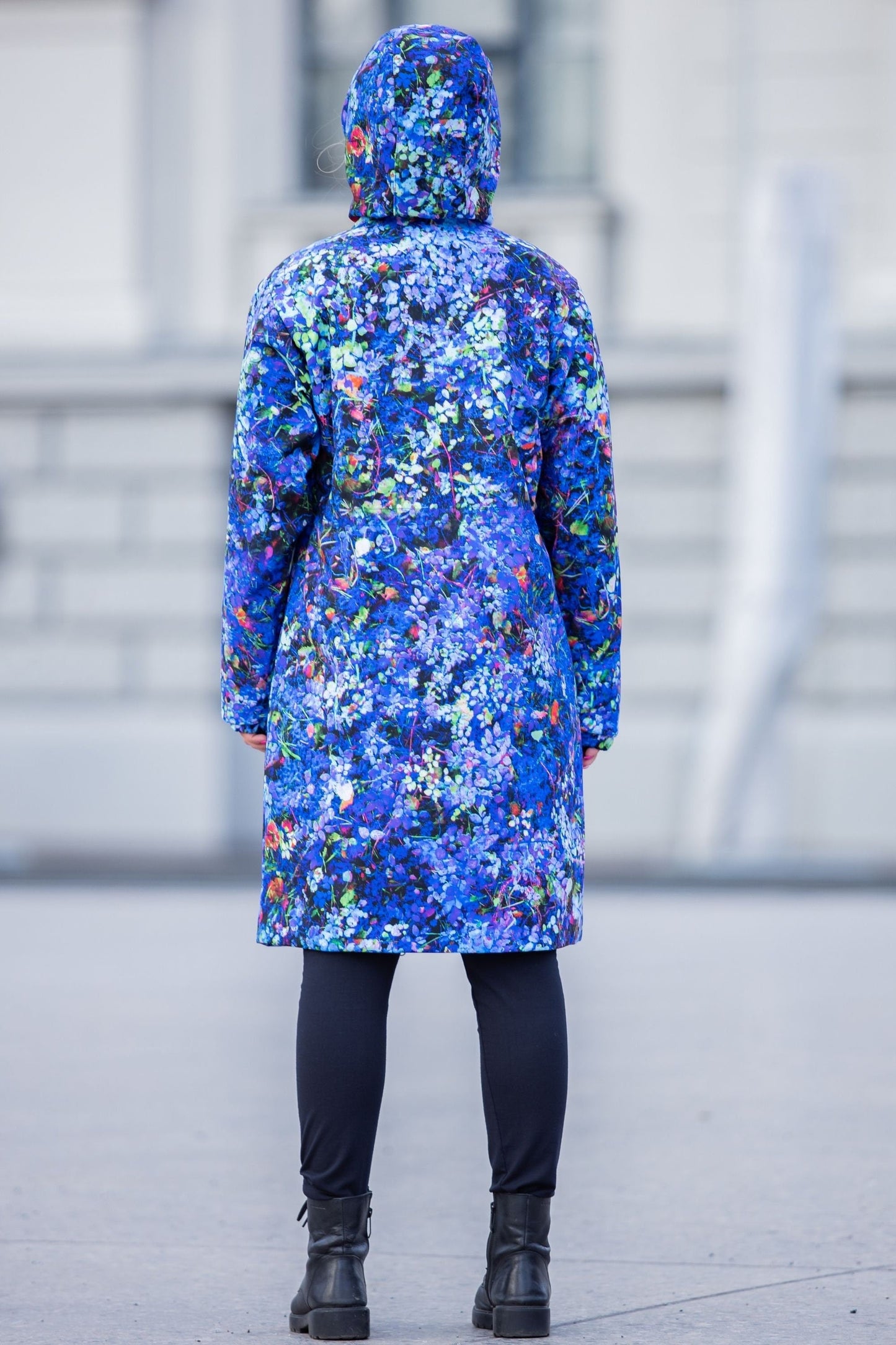 Blue Raincoat, Hooded parka, Spring parka, Colourful parka, Waterproof parka women, Floral parka, Outerwear, Pockets, Lining optional