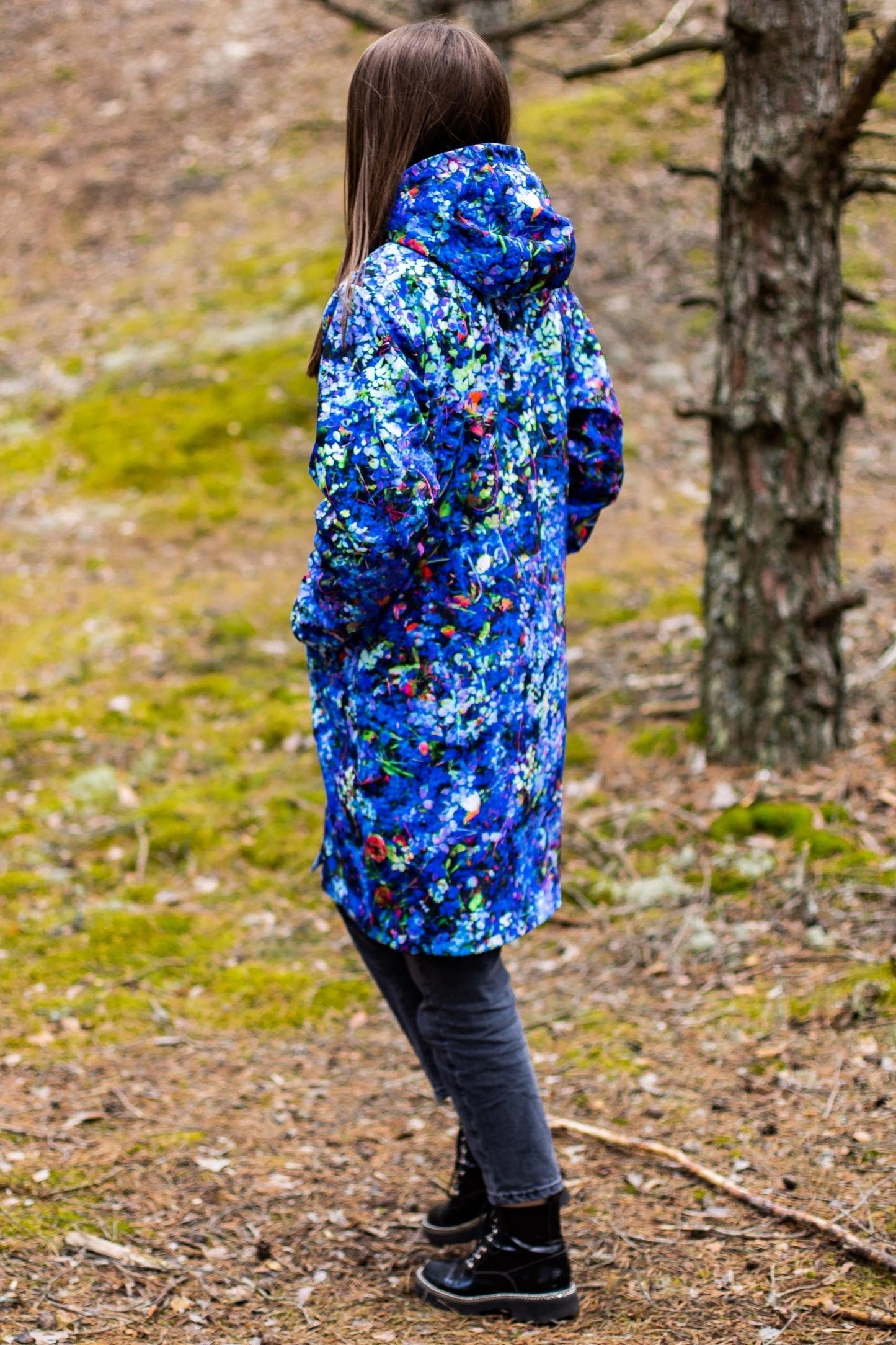 Blue Raincoat, Hooded parka, Spring parka, Colourful parka, Waterproof parka women, Floral parka, Outerwear, Pockets, Lining optional