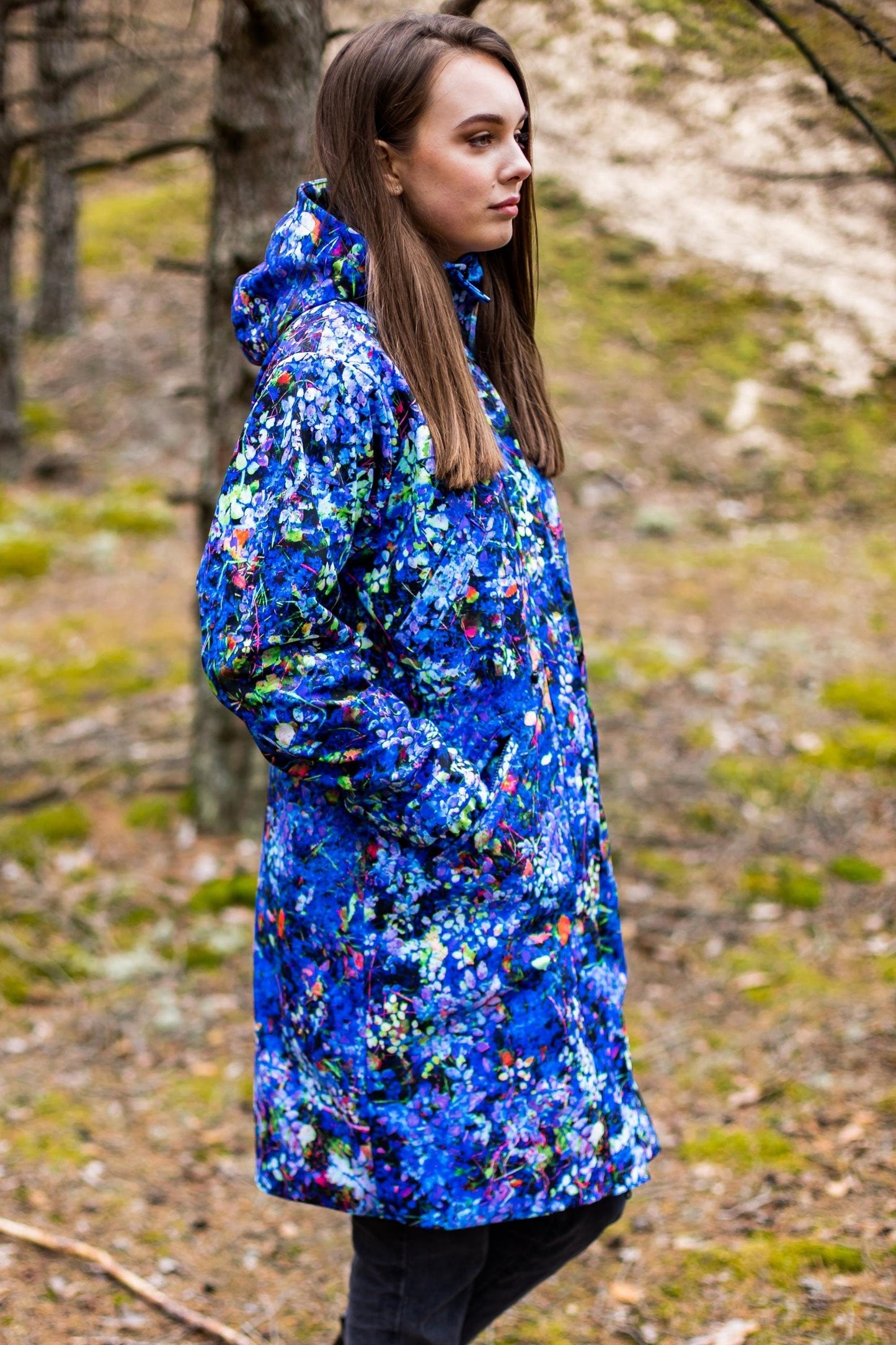 Blue Raincoat, Hooded parka, Spring parka, Colourful parka, Waterproof parka women, Floral parka, Outerwear, Pockets, Lining optional