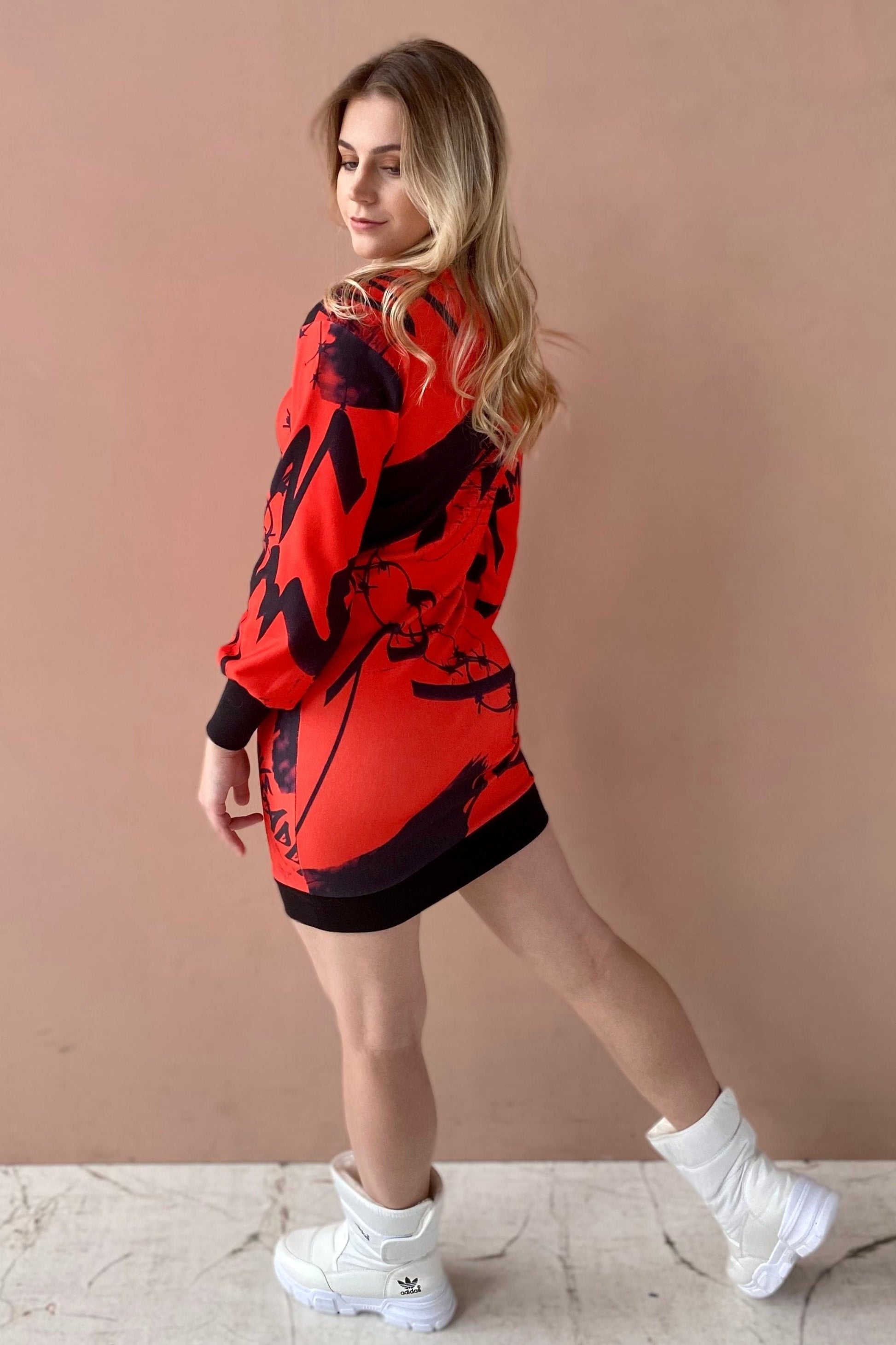red long sleeve tunic dress Women Long Sleeve Jersey Flared Swing T-Shirt Tunic Dress with Side Pockets