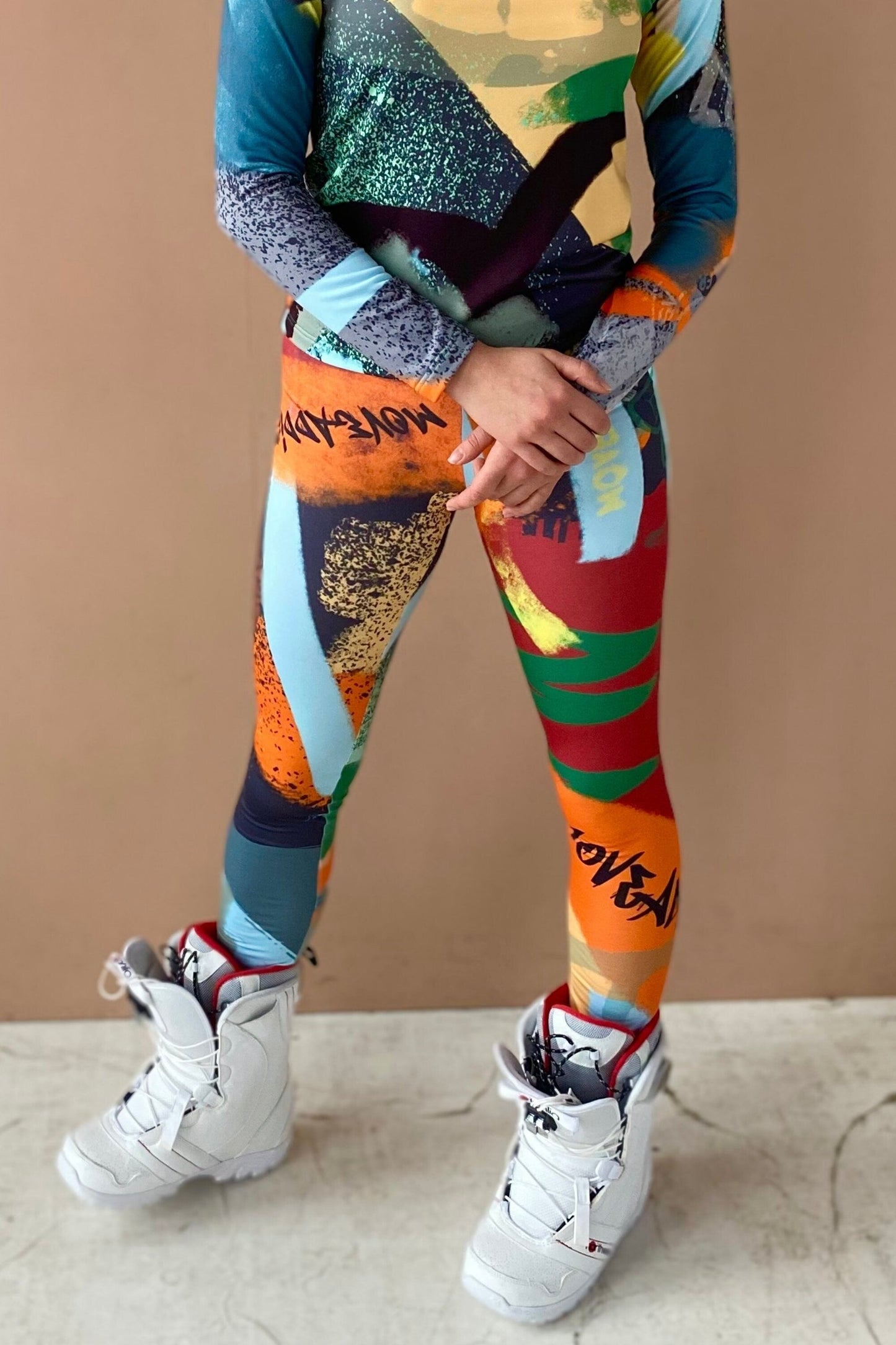 Abstrakte bunte Leggings, Wärmeschutz, Wintersportbekleidung, Thermounterwäsche, Leggings mit Fleece, warme Leggings, Winterunterwäsche