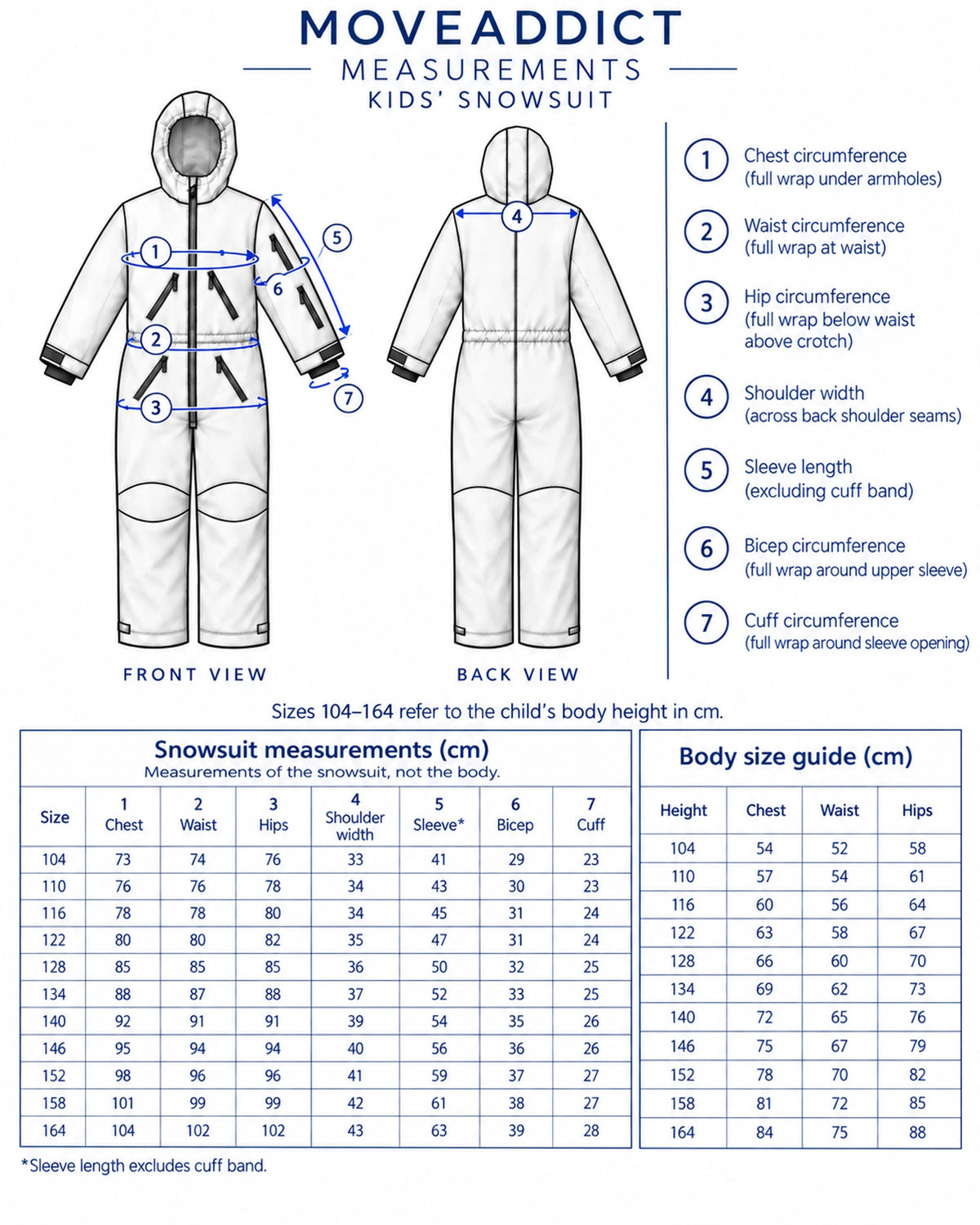 MoveAddict kids' snowsuit size chart in cm - chest, waist, hip, shoulder, sleeve, bicep and cuff measurements for heights 104 to 164 cm, with body size guide