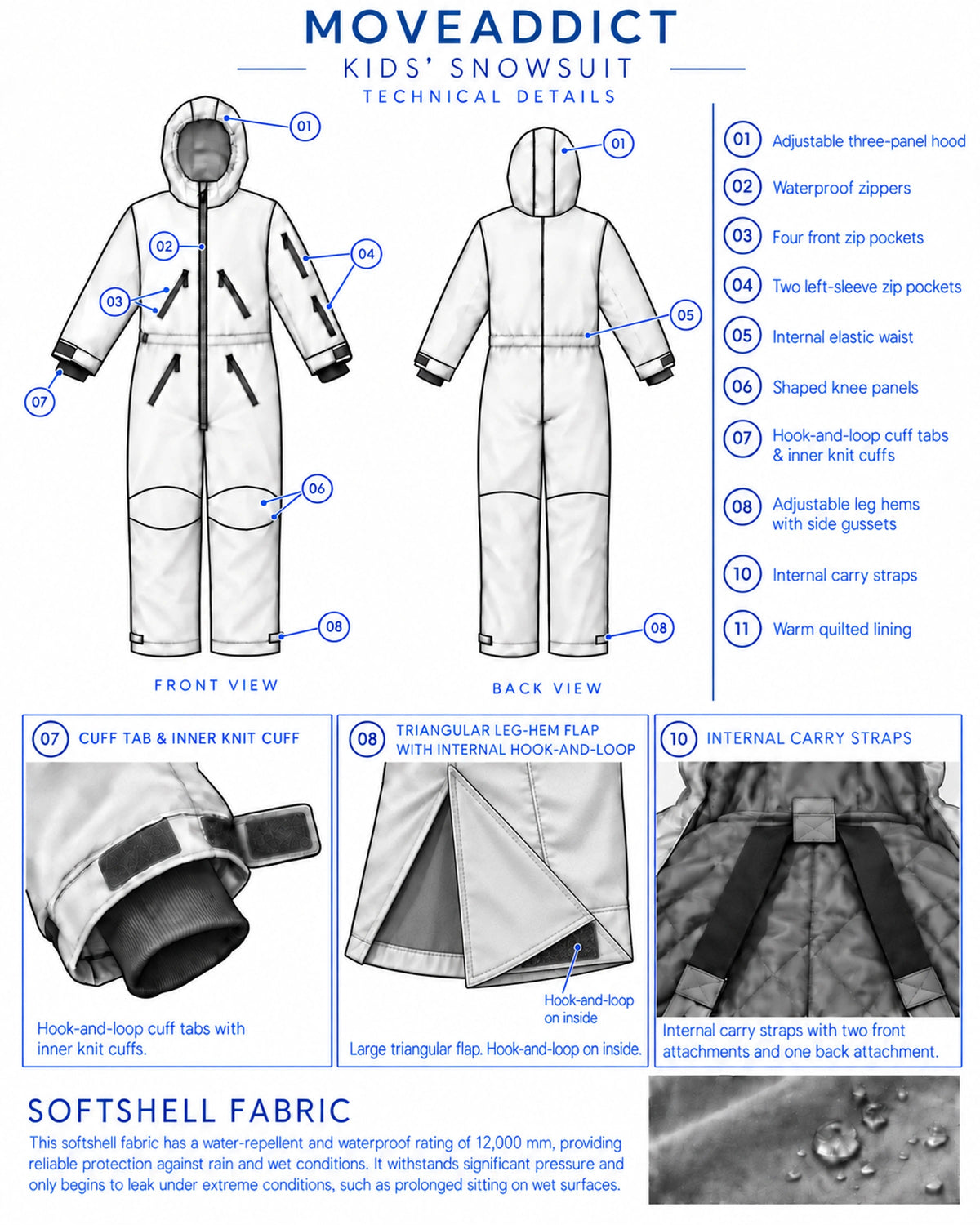 MoveAddict kids' snowsuit technical details - adjustable hood, waterproof zips, knee panels, cuff tabs, adjustable leg hems, carry straps and 12,000 mm softshell