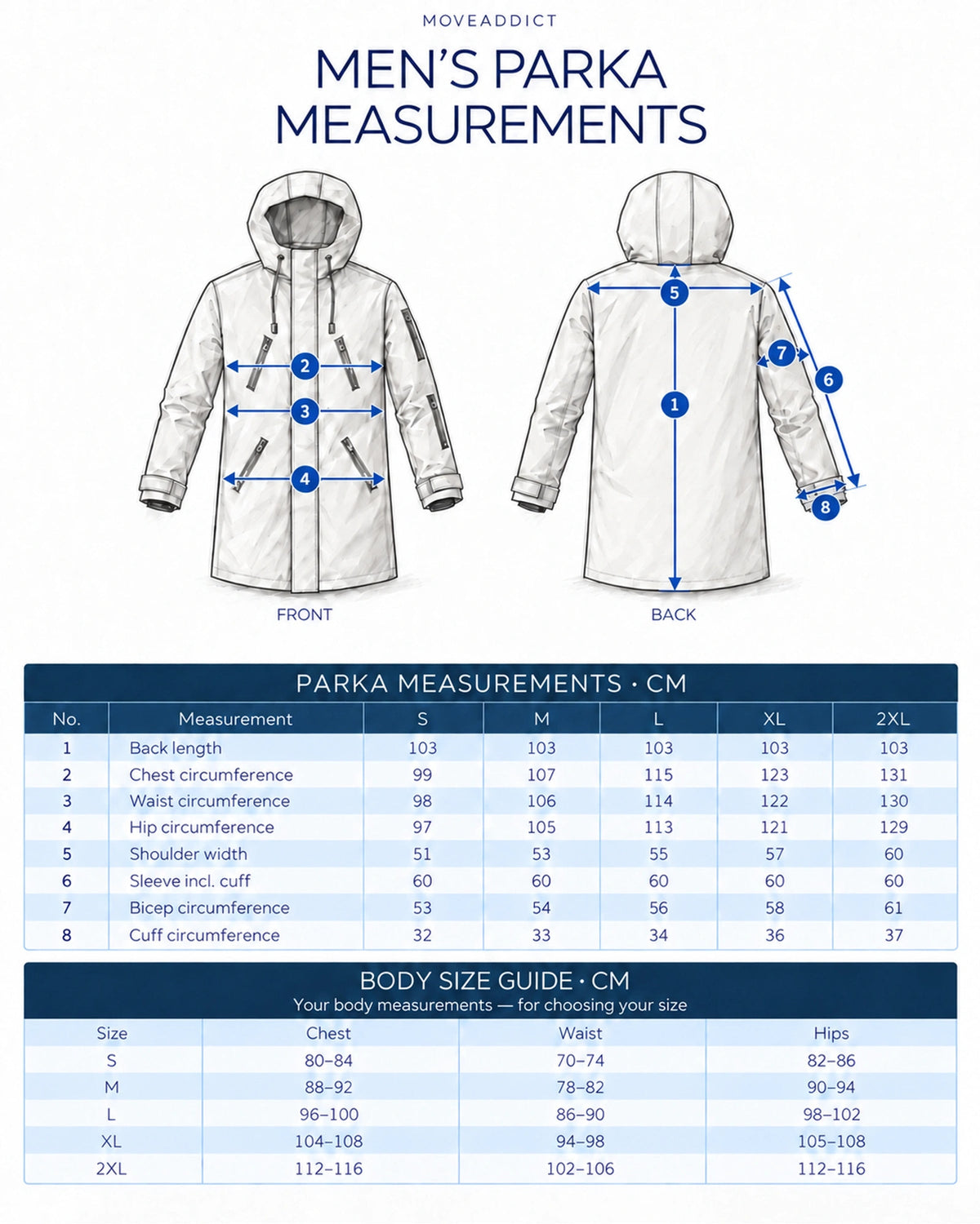 MoveAddict men's parka size chart - garment measurements and body size guide in cm, sizes S to 2XL