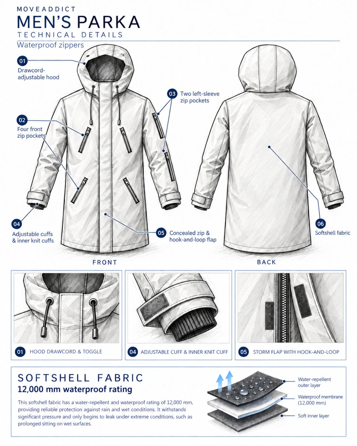 MoveAddict men's parka technical details - hood drawcord, zip pockets, adjustable cuffs, storm flap and 12,000 mm waterproof softshell