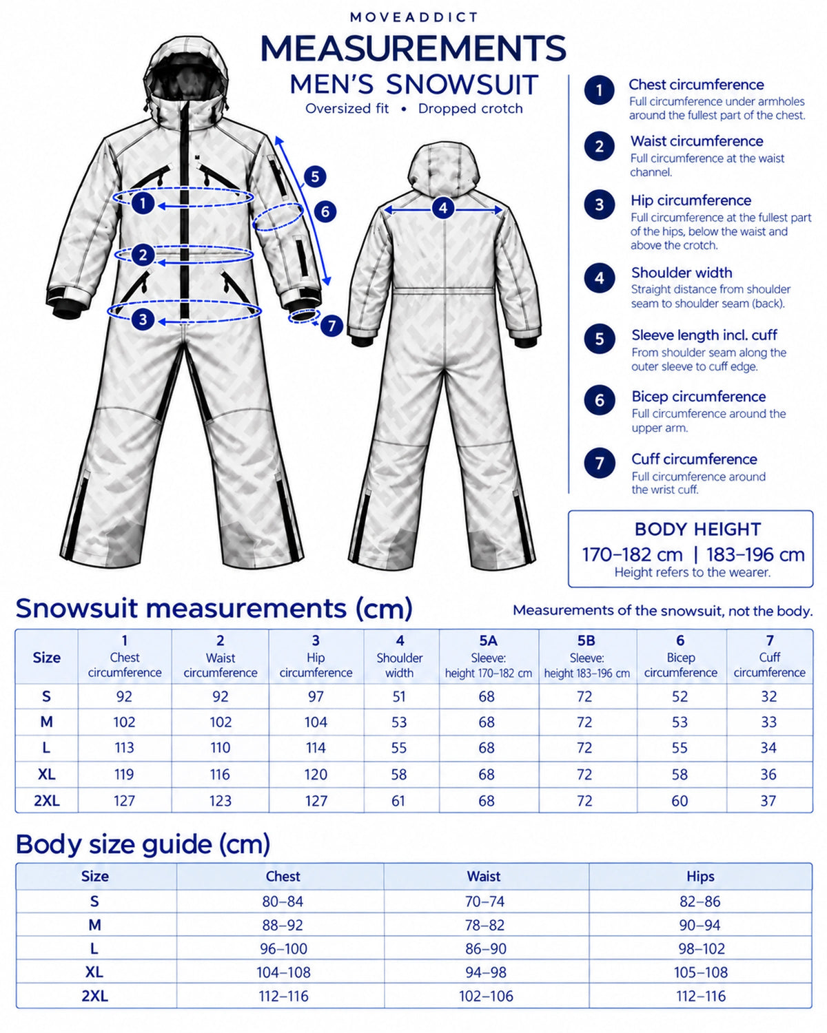 MoveAddict men's snowsuit size chart in cm - chest, waist, hip, shoulder, sleeve, bicep and cuff measurements, sizes S to 2XL, with body size guide