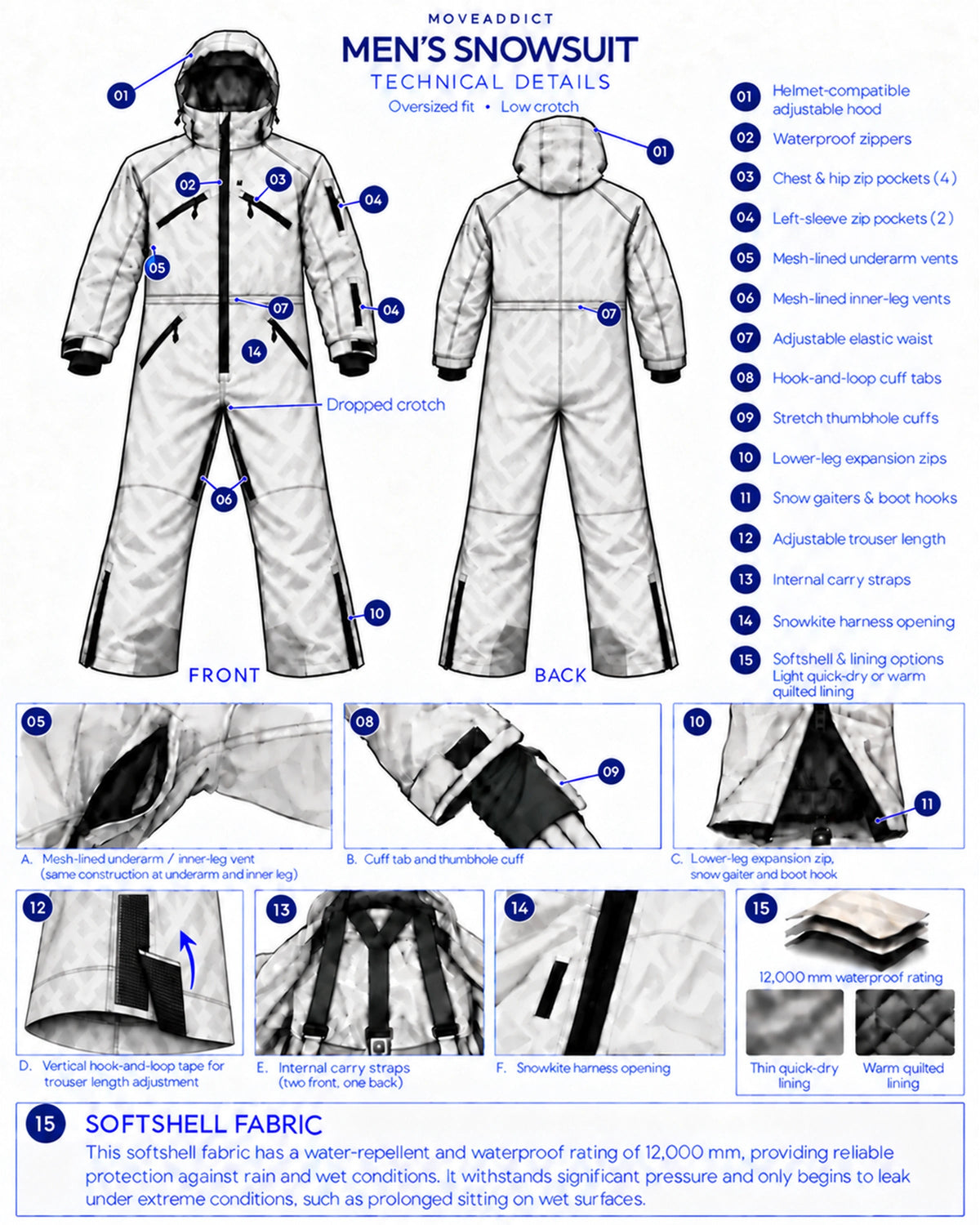 MoveAddict men's snowsuit technical details - helmet-compatible hood, waterproof zips, underarm and inner-leg vents, snow gaiters, carry straps and 12,000 mm softshell