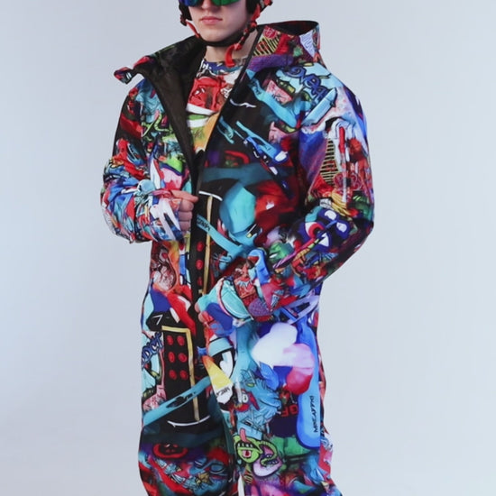 Man wearing MoveAddict Monster Party print one-piece snowboard and ski suit - product video