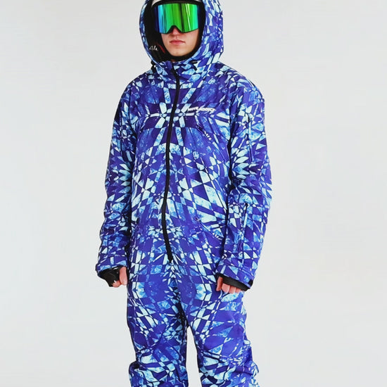 Man wearing MoveAddict Blue Graphic print one-piece snowboard and ski suit - product video