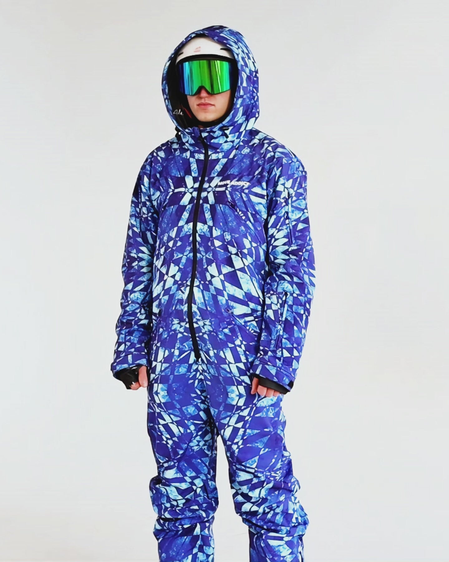 Man wearing MoveAddict Blue Graphic print one-piece snowboard and ski suit - product video
