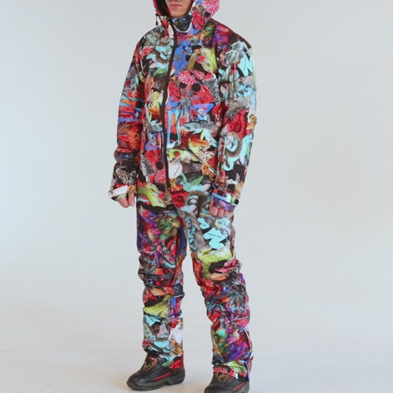 Man wearing MoveAddict Mind Jungle print one-piece snowboard and ski suit - product video