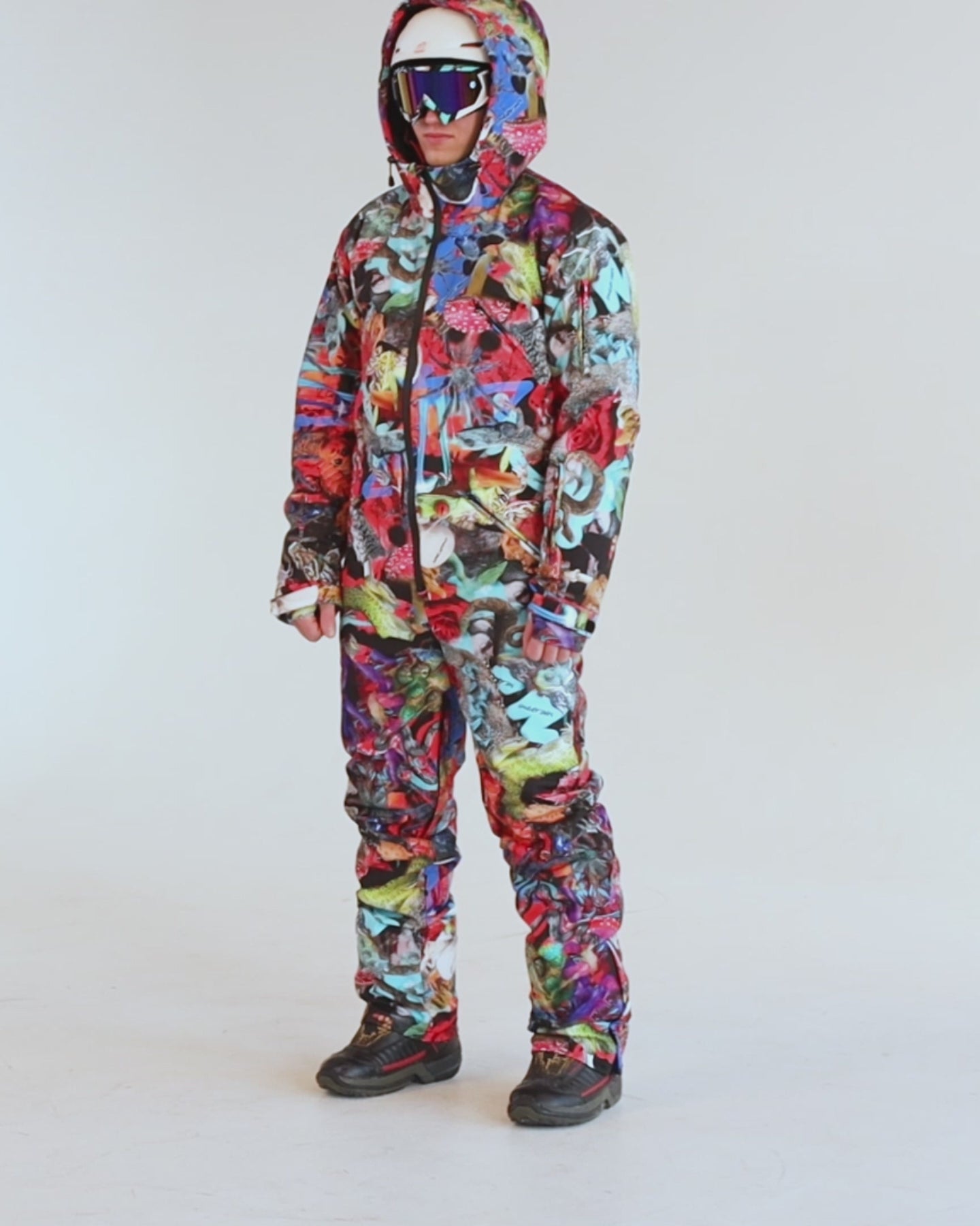 Man wearing MoveAddict Mind Jungle print one-piece snowboard and ski suit - product video