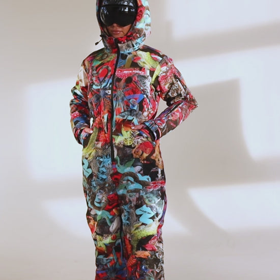 Woman wearing MoveAddict Mind Jungle print one-piece snowboard and ski suit - product video