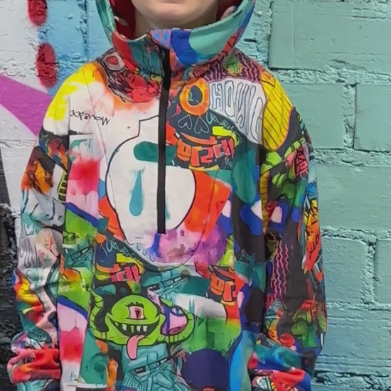 Boy wearing MoveAddict Monster Party print kids' hoodie and joggers — product video
