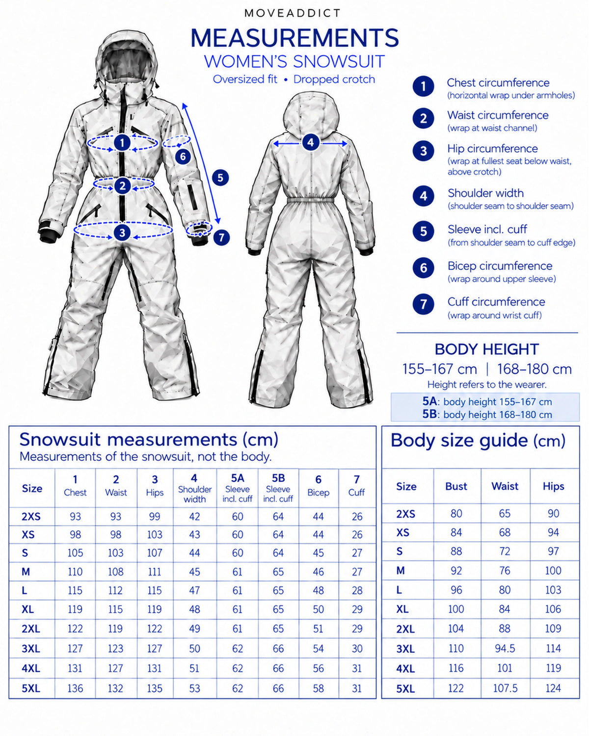 MoveAddict women's snowsuit size chart in cm - chest, waist, hip, shoulder, sleeve, bicep and cuff measurements, sizes 2XS to 5XL, with body size guide