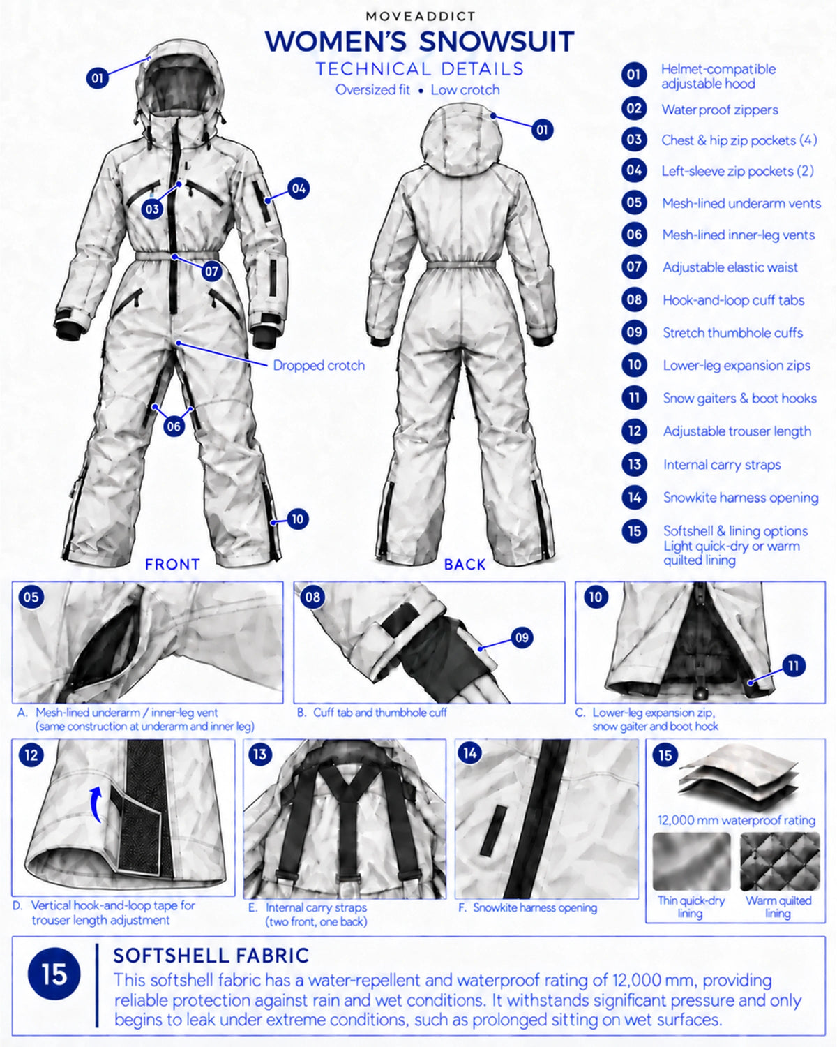 MoveAddict women's snowsuit technical details - helmet-compatible hood, waterproof zips, underarm and inner-leg vents, snow gaiters, carry straps and 12,000 mm softshell