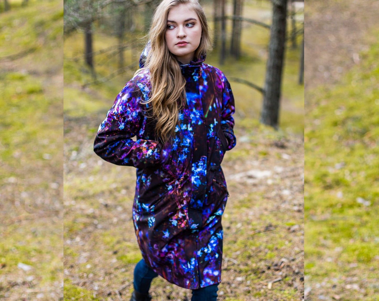 Women Parka with blue flower print, Raincoat, Outerwear, Elegant softshell parka, Plus size, Floral rain coat, Windproof, Waterproof