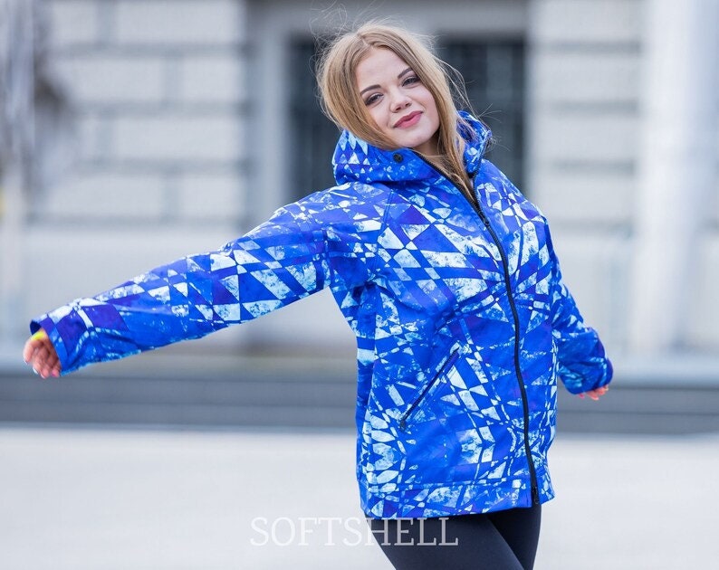 Parka jacket women, Outerwear, Womens Sport Jacket, Blue jacket, Windproof jacket, Hooded jacket, Printed jacket, Plus size jacket