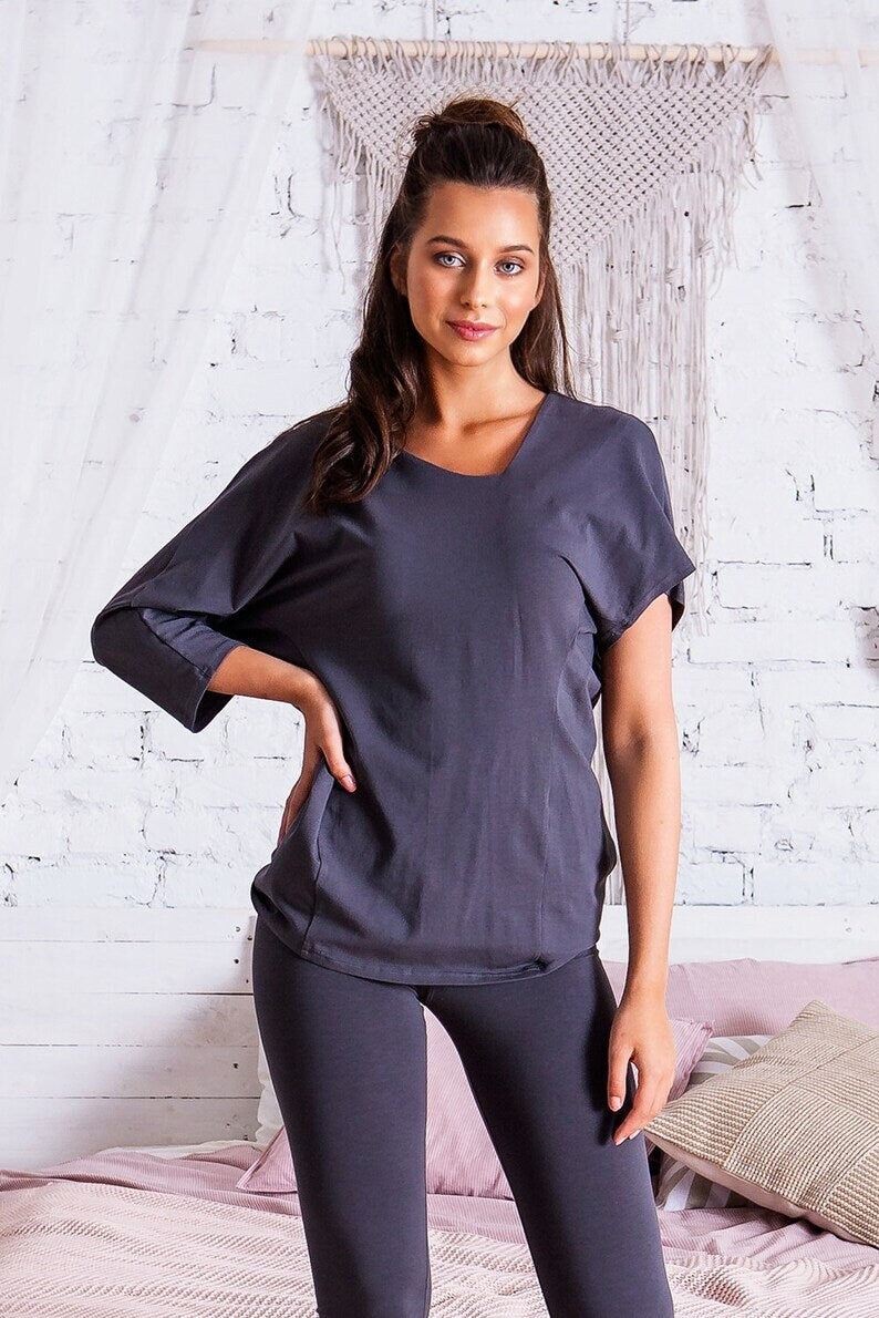 Gray Top, Organic Cotton Top, Plus Size Top, Women Top, Plus Size Clothing, Yoga Top, Minimalist Top, Loose Top, Home Top, Workout Top, Yoga
