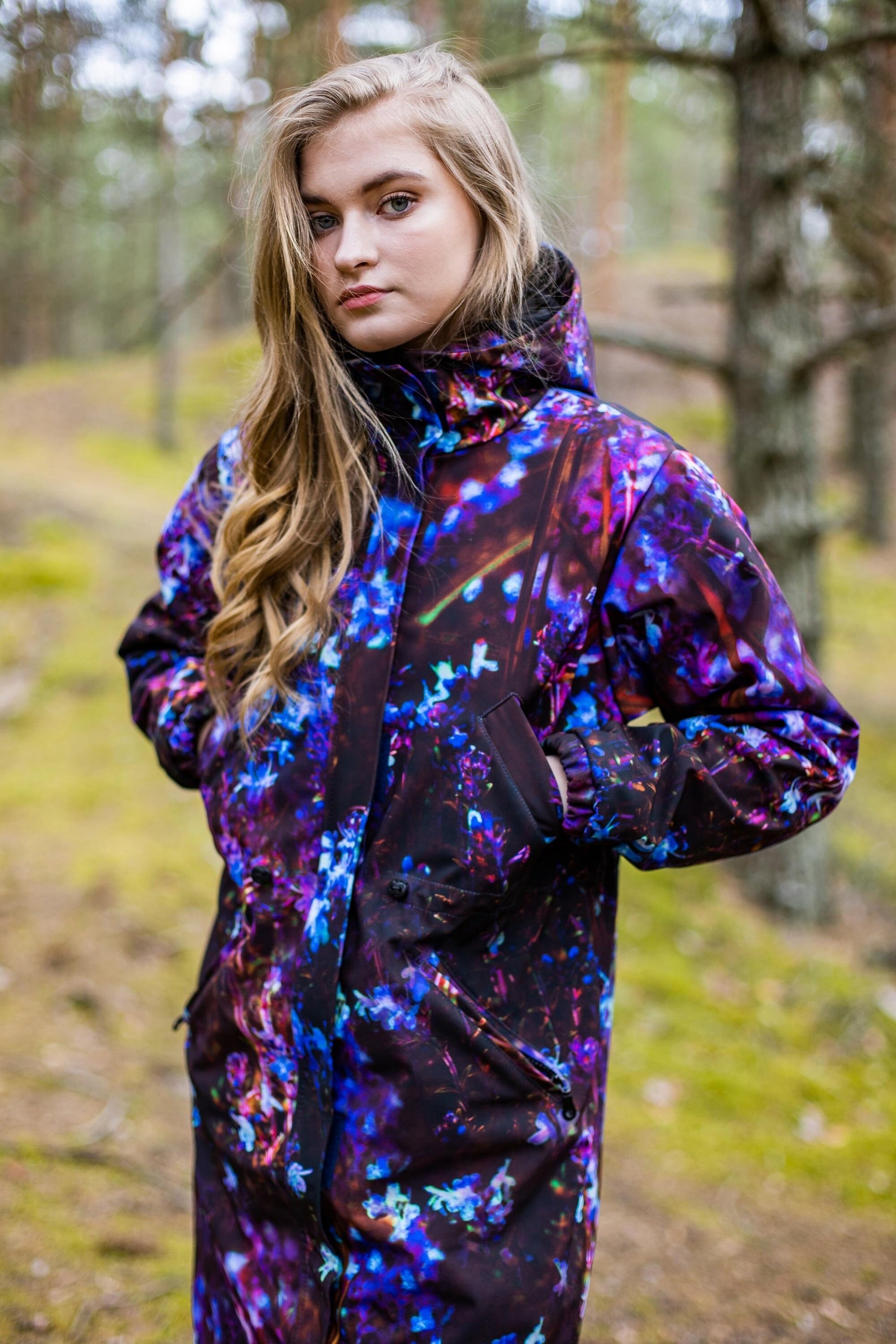 Women Parka with blue flower print, Raincoat, Outerwear, Elegant softshell parka, Plus size, Floral rain coat, Windproof, Waterproof