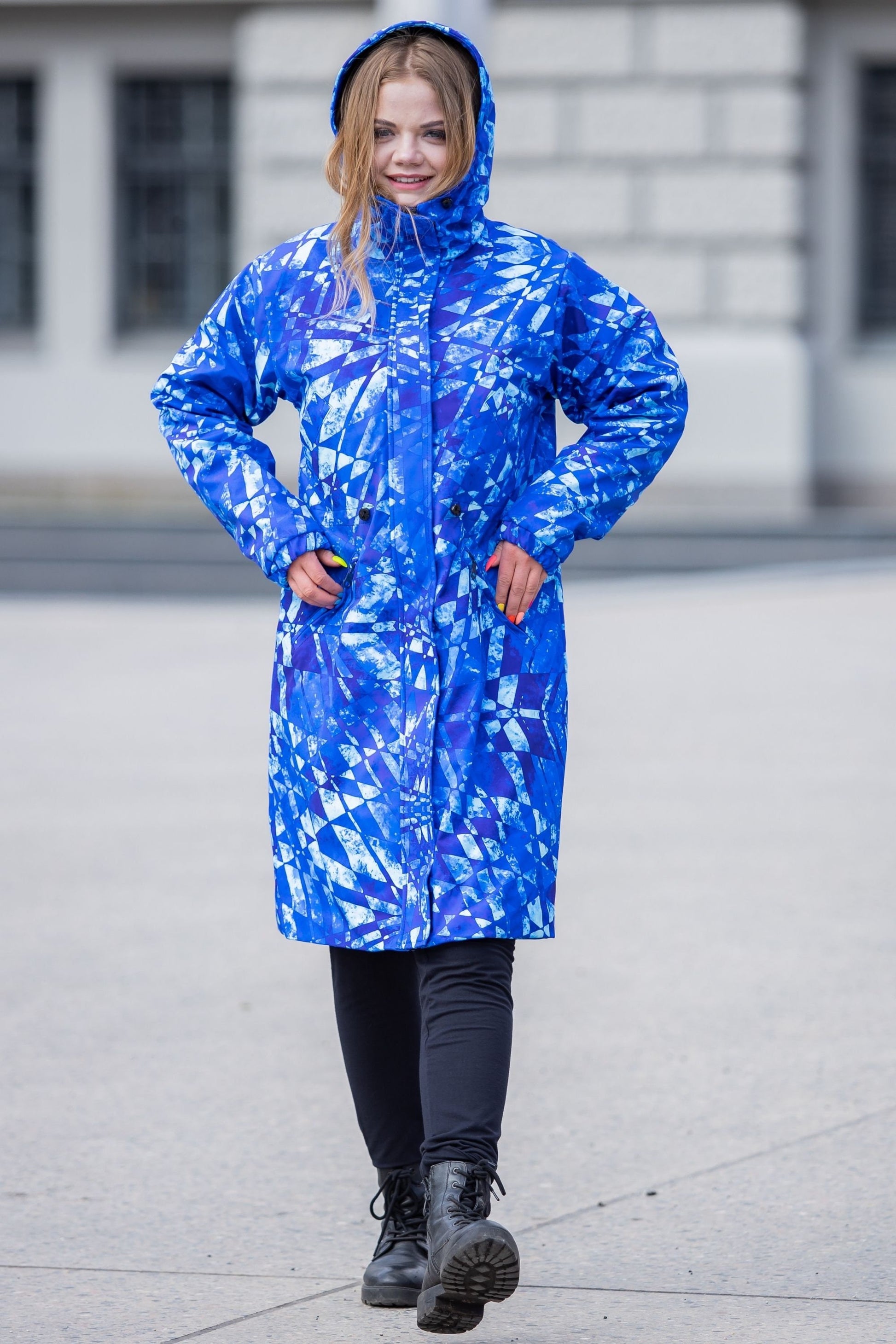 Blue women Raincoat, Spring parka, Colourful parka, Hooded parka, Outerwear, Rain coat, Waterproof parka women, pockets, Windproof