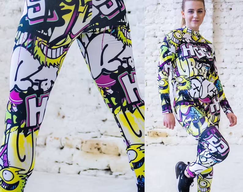Thermal Leggings, Winter sportswear, Thermal Protection, Leggings with fleece, Thermal Underwear for Women, Graffiti clothes