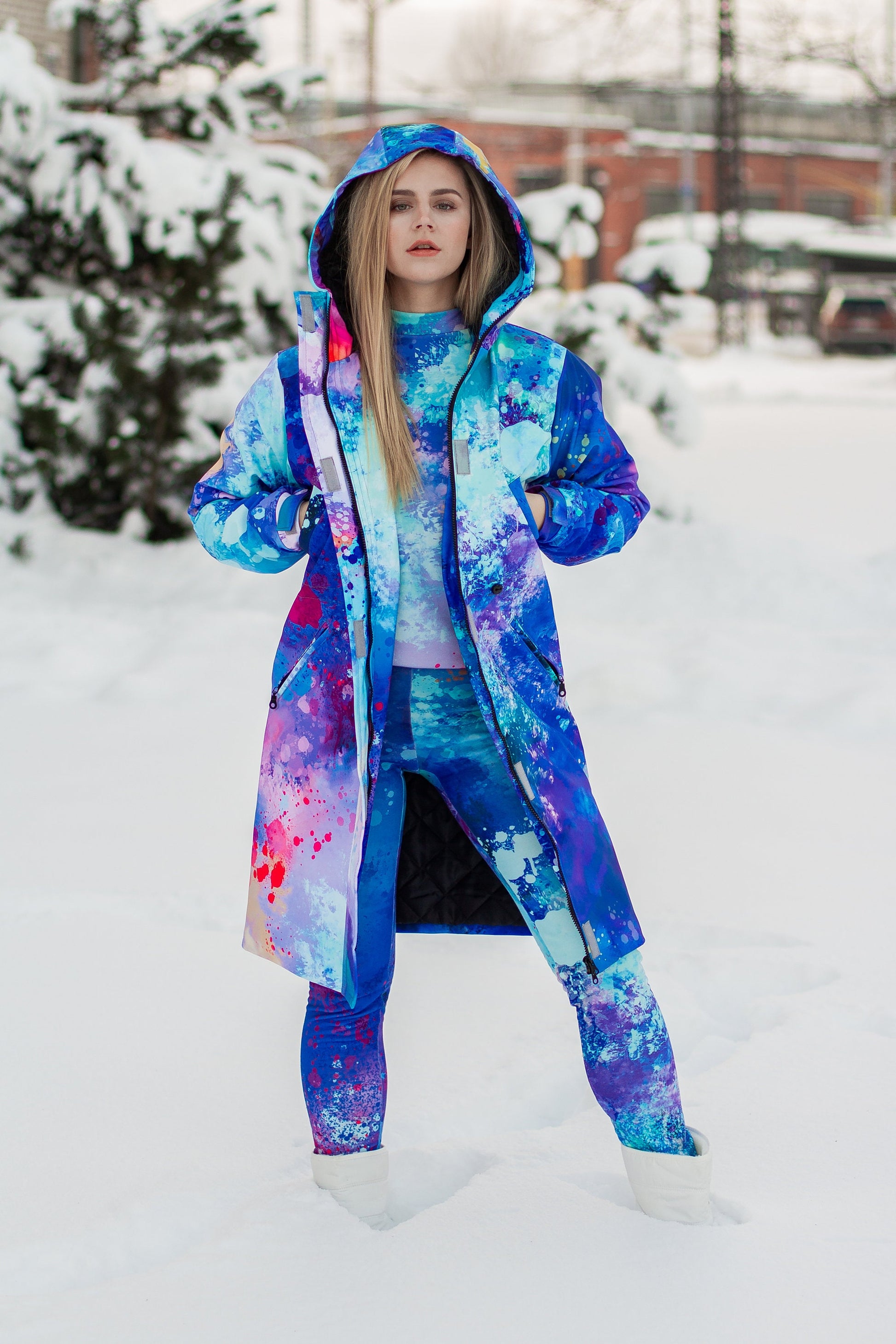 Women`s softshell parka coat in bright blue colors, Winter