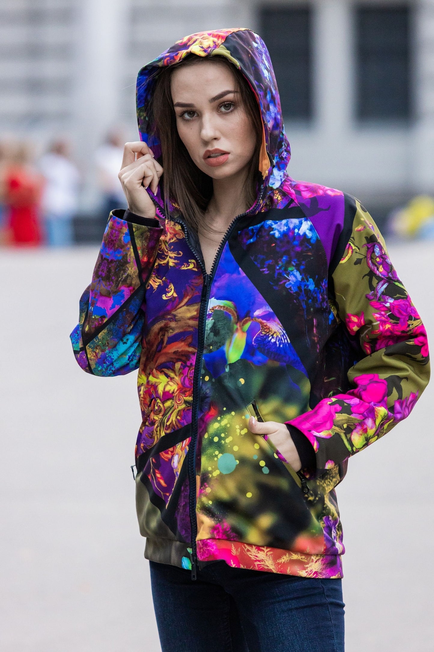 Colourful Jacket, Windproof Jacket, Sportwear, Women Sport Jacket, Outwear, Painted Jacket, Printed Jacket, Plus Size Clothing, Pockets